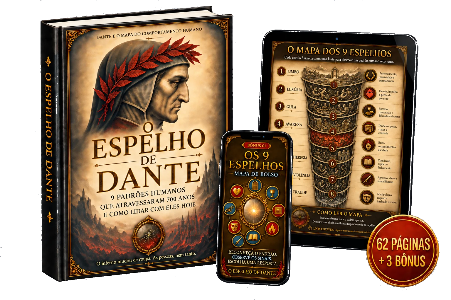 Mockup de O Espelho de Dante com livro, celular, mapa dos 9 espelhos e selo de 62 p&aacute;ginas mais 3 b&ocirc;nus