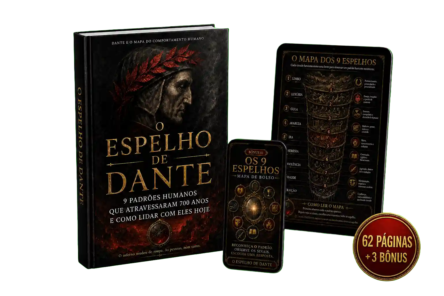 Mockup de O Espelho de Dante com livro, celular, mapa dos 9 espelhos e selo de 62 p&aacute;ginas mais 3 b&ocirc;nus