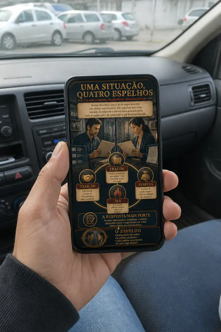 O Espelho de Dante sendo consultado no celular dentro do carro